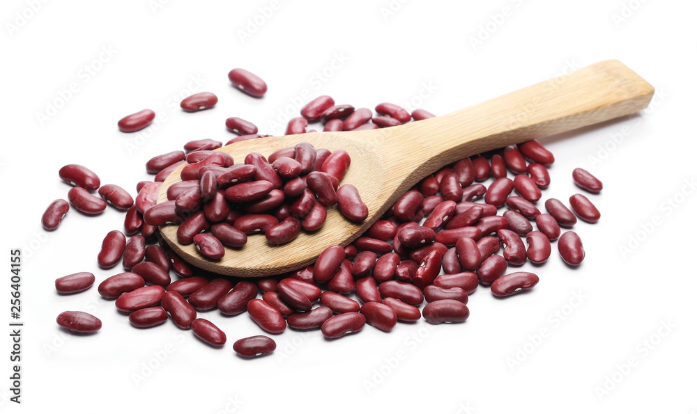 Raw red beans with wooden spoon isolated on white background Raw red beans with wooden spoon isolated on white background