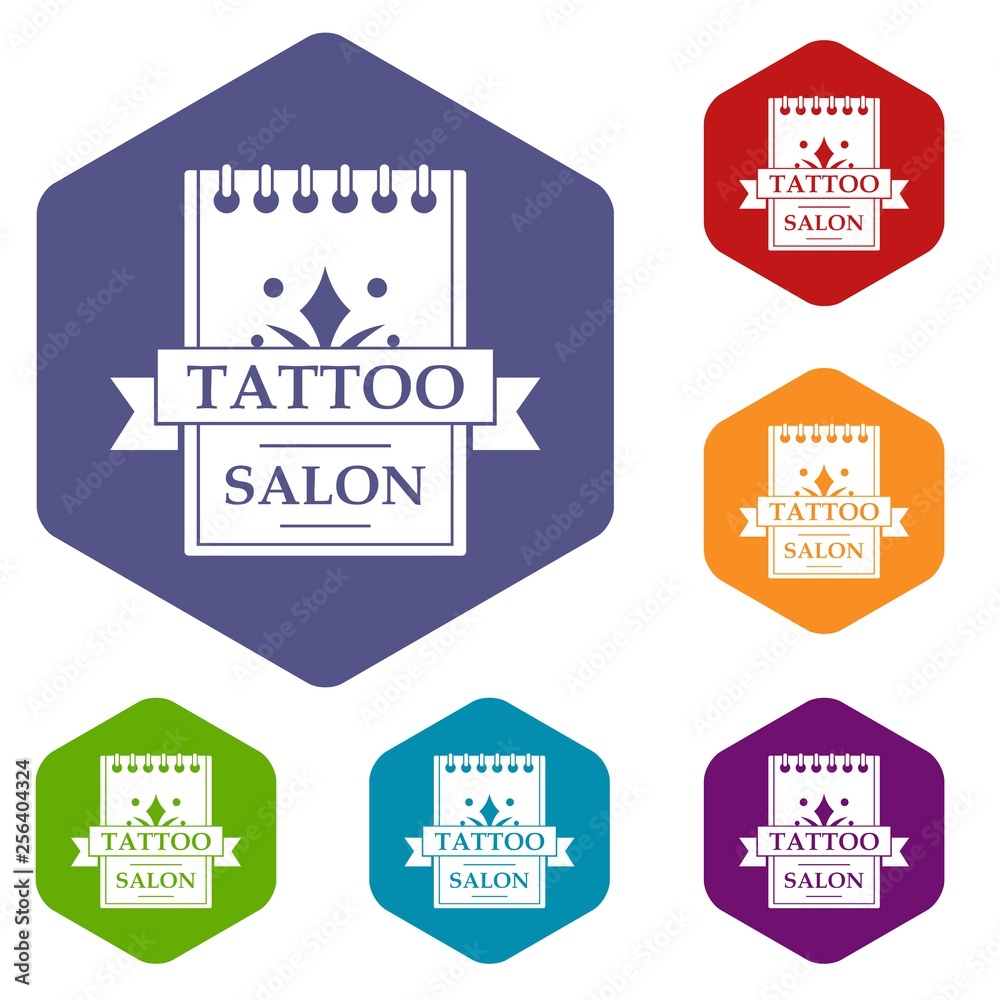 Obraz premium Tattoo salon icons vector colorful hexahedron set collection isolated on white