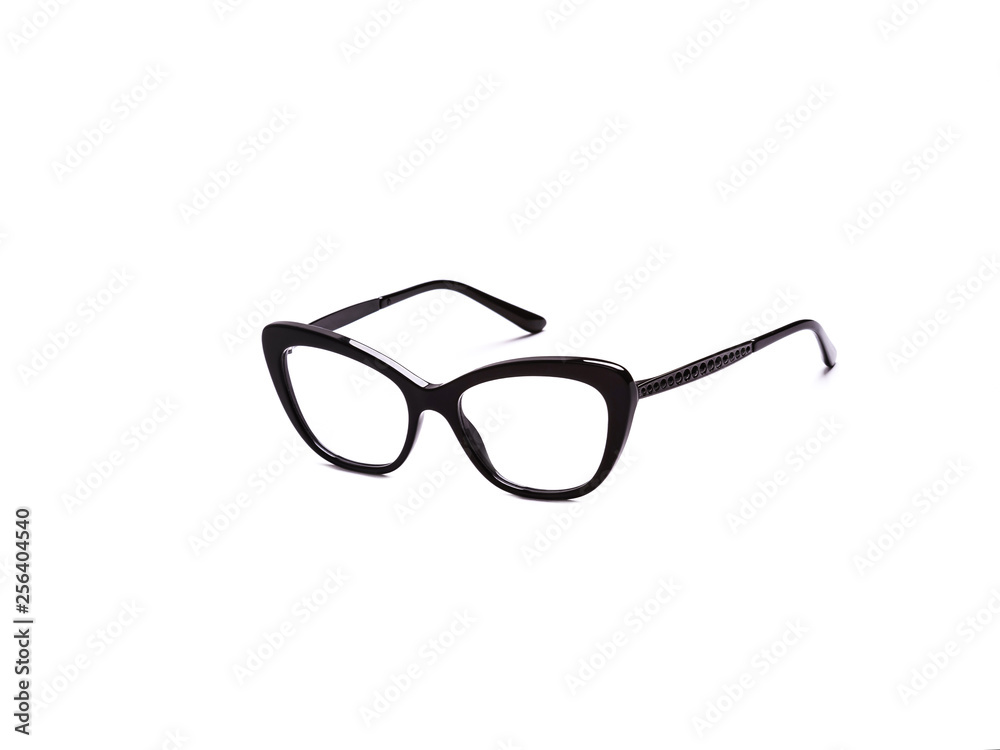 Glasses with transparent glasses in a fashionable frame on an isolated white background Glasses with transparent glasses in a fashionable frame on an isolated white background