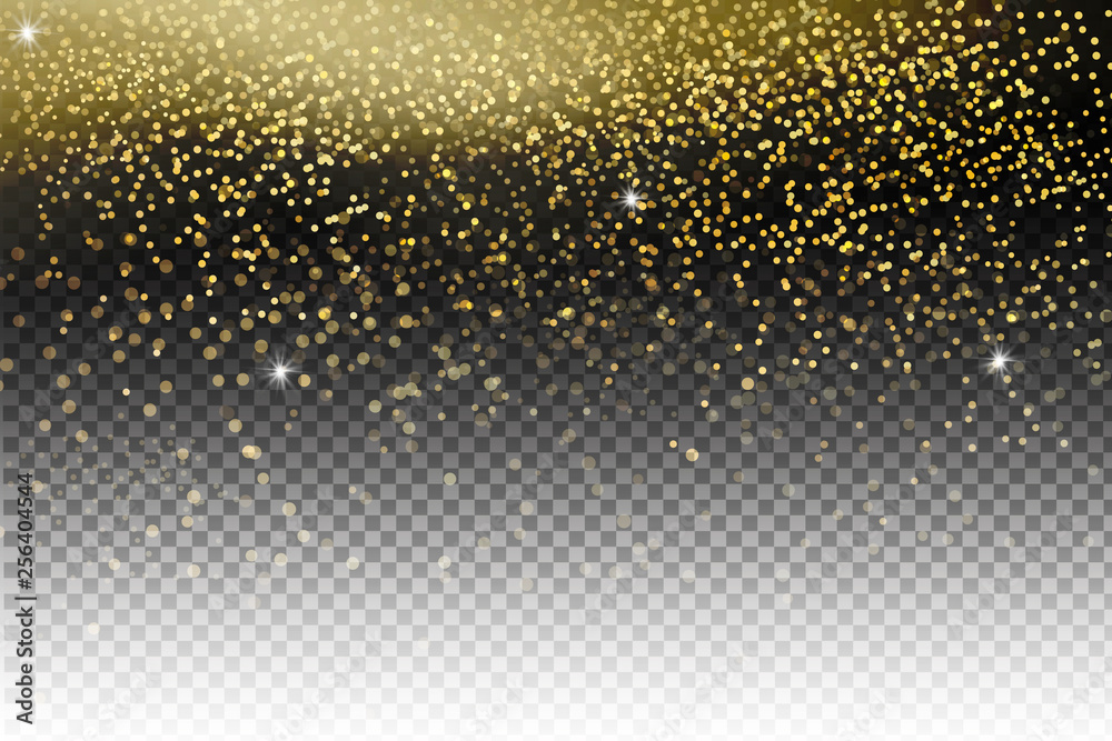 Vector festive illustration of falling shiny particles, Golden Confetti Glitters, stars isolated on transparent background. Vector festive illustration of falling shiny particles, Golden Confetti Glitters, stars isolated on transparent background.