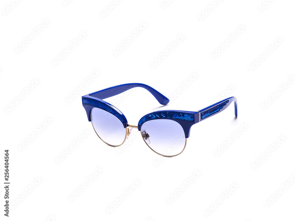 Fototapeta premium Sunglasses with blue glasses on an isolated white background