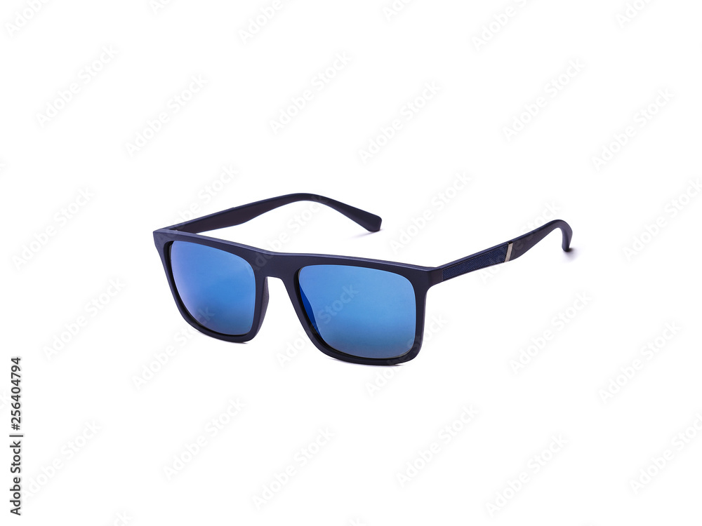 Fototapeta premium Sunglasses with blue glasses on an isolated white background