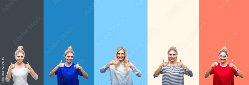 Collage of young beautiful blonde woman over vivid colorful vintage stripes isolated background success sign doing positive gesture with hand, thumbs up smiling and happy. Looking at the camera