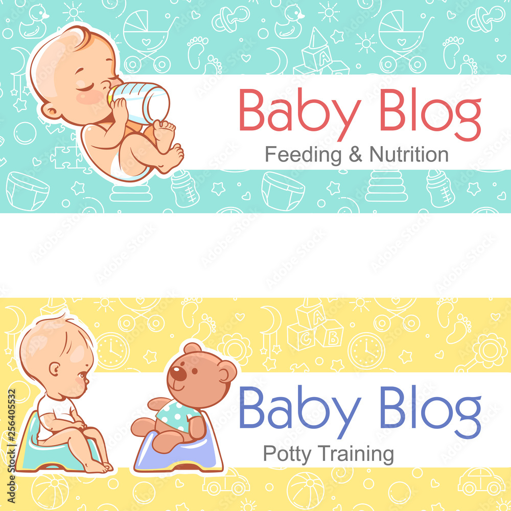 Banner for baby blog.Baby with bottle, on potty.