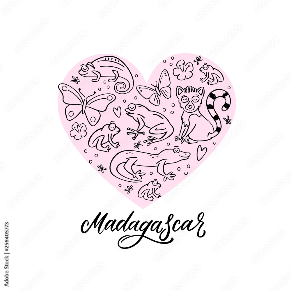 Set of Madagascar animals in a heart composition. Hand drawn vector illustration
