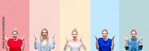 Collage of beautiful blonde woman over colorful stripes isolated background celebrating crazy and amazed for success with arms raised and open eyes screaming excited. Winner concept