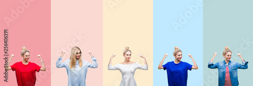 Collage of beautiful blonde woman over colorful stripes isolated background showing arms muscles smiling proud. Fitness concept.