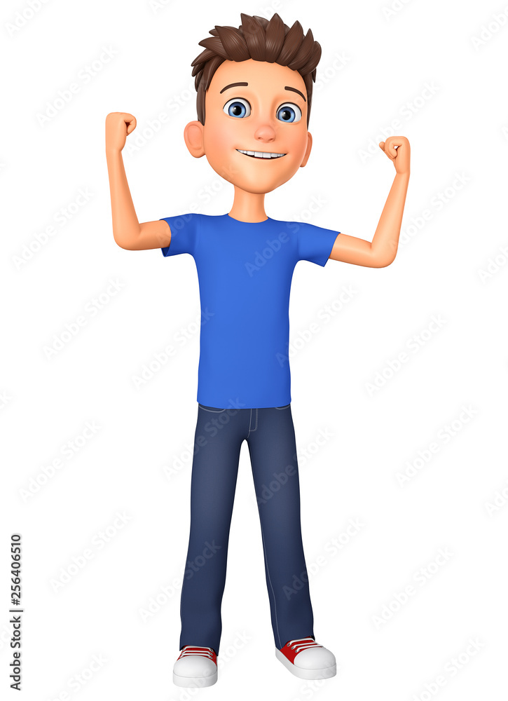 Character cartoon guy celebrates victory on a white background. 3d rendering. Illustration for advertising. Character cartoon guy celebrates victory on a white background. 3d rendering. Illustration for advertising.