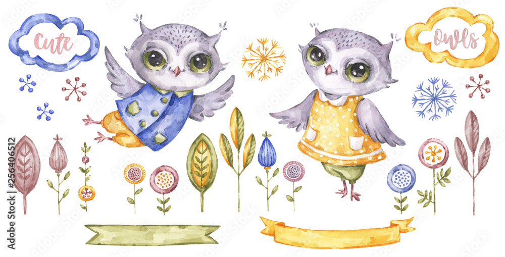 Cute watercolour owl. Decorative animals and floral illustration. Birthday elements collection. Cartoon owl.