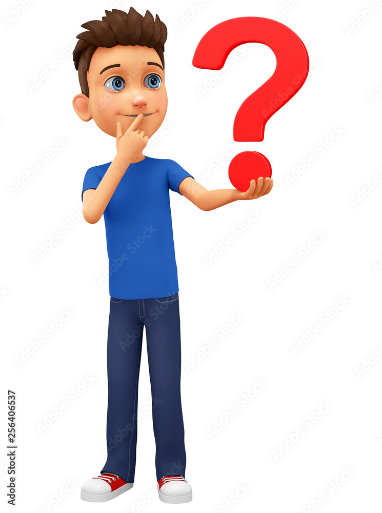 Cartoon character guy holds a question mark on a white background. 3d rendering. Illustration for advertising. Cartoon character guy holds a question mark on a white background. 3d rendering. Illustration for advertising.