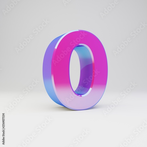 3d number 0. Rendered multicolor metal font with glossy reflections and shadow isolated on white background.