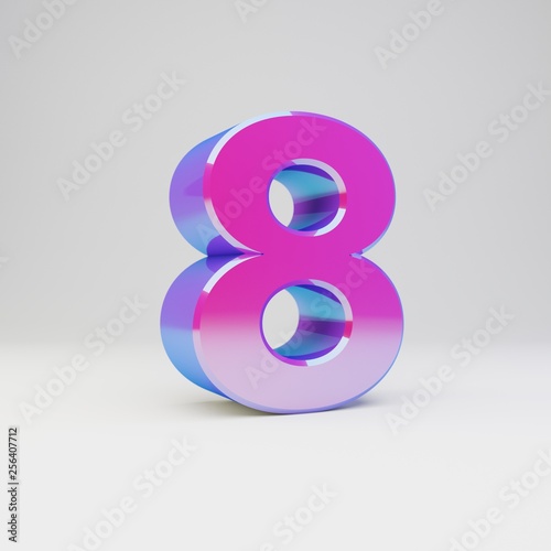 3d number 8. Rendered multicolor metal font with glossy reflections and shadow isolated on white background.