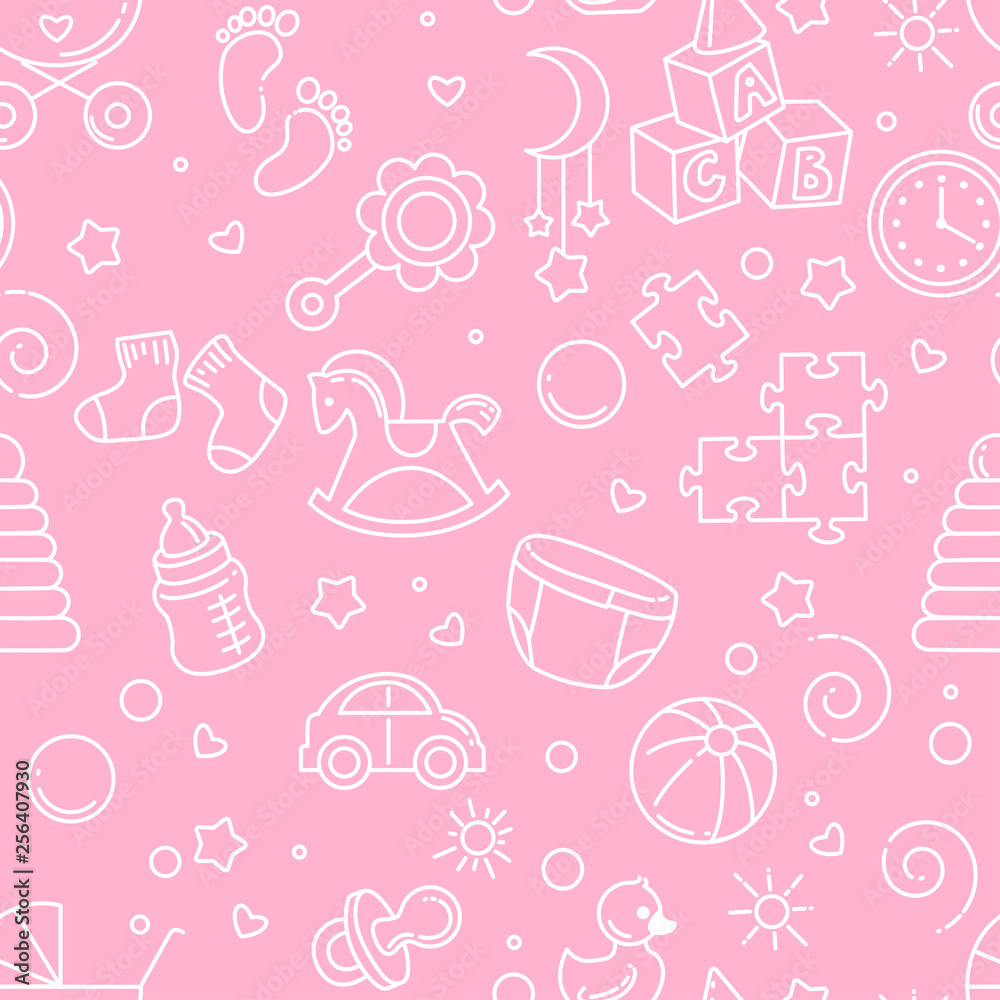 Seamless pattern. Baby objects, toys, accessories.