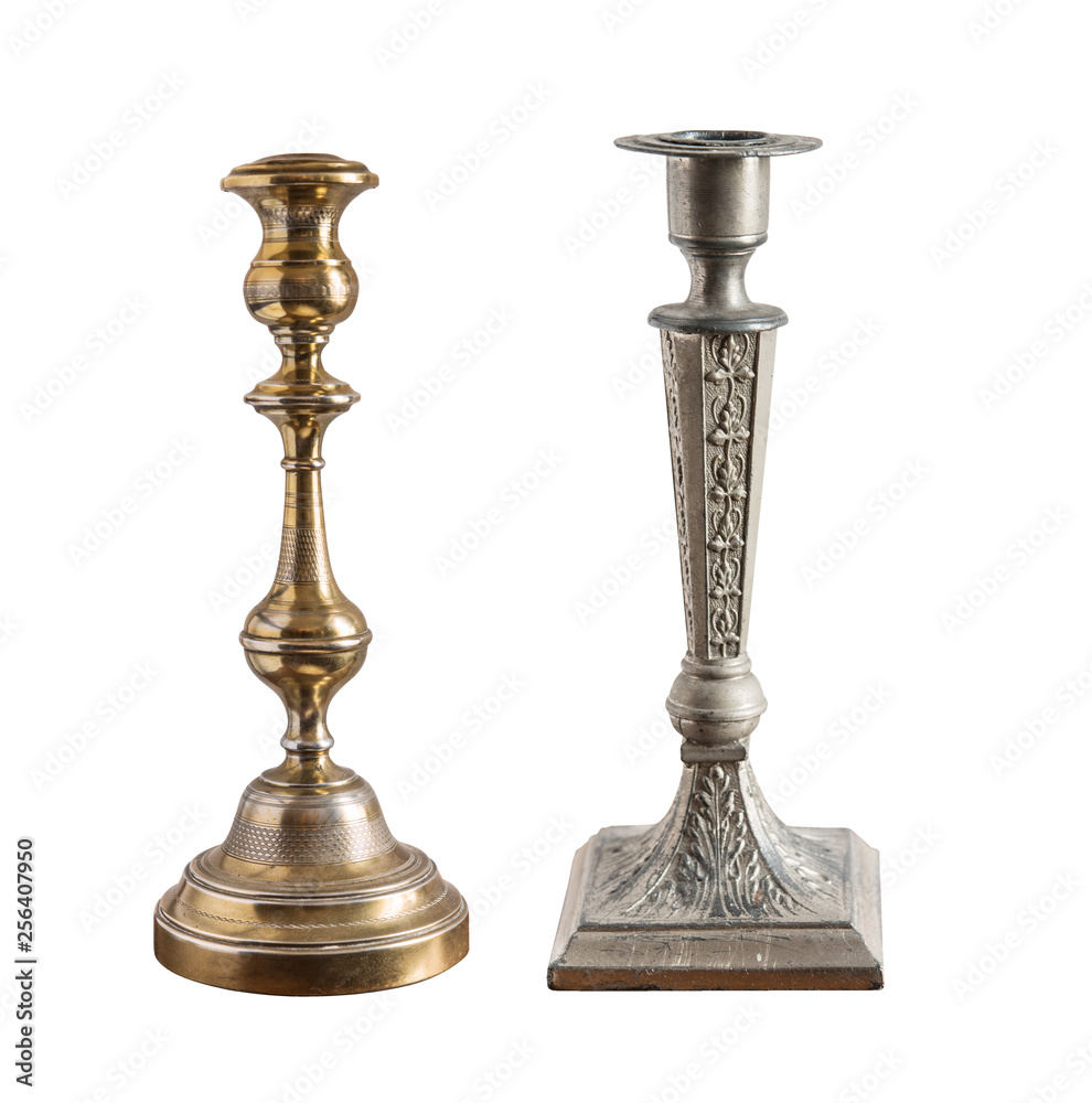 set of vintage different candelabrum, candle stand, candlestick isolated on white background