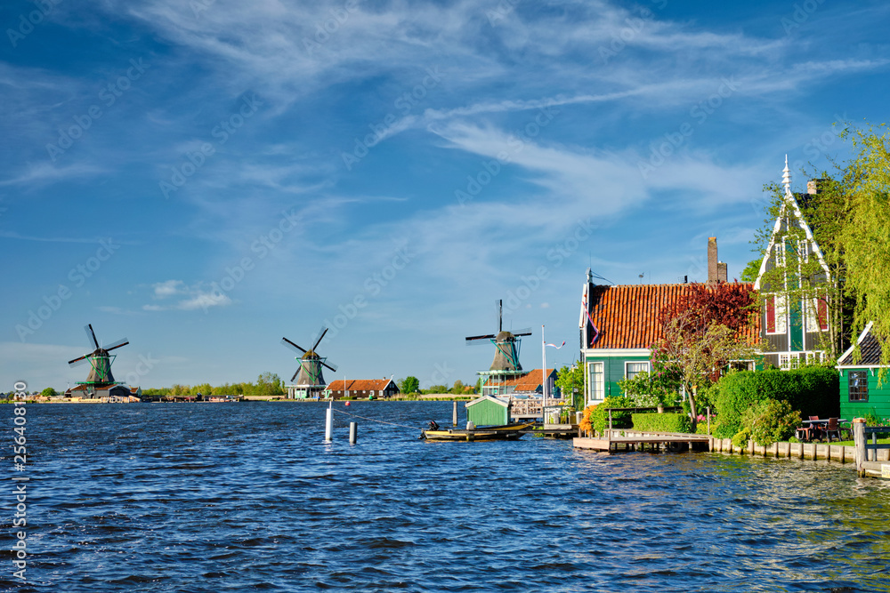 Fototapeta premium Windmills at Zaanse Schans in Holland. Zaandam, Netherlands