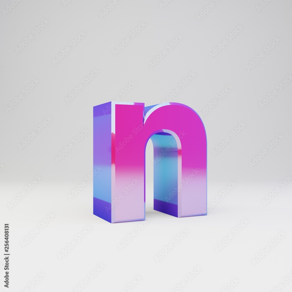 3d letter N lowercase. Rendered multicolor metal font with glossy reflections and shadow isolated on white background. 3d letter N lowercase. Rendered multicolor metal font with glossy reflections and shadow isolated on white background.
