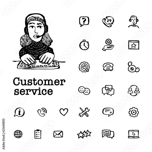 Customer service concept. Online chat. Round shape frame with Help and Support Related Vector hand drawn icons and female character on yellow background. Doodle ink style vector illustration