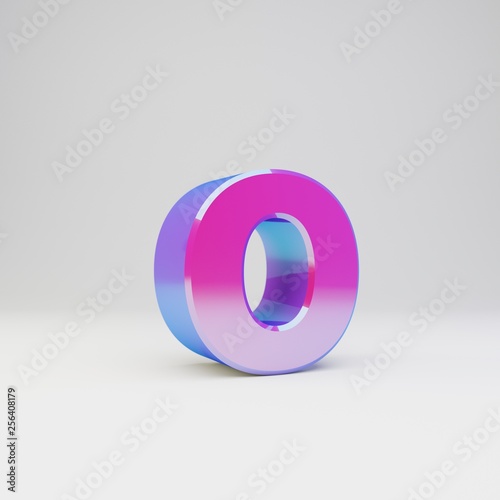 3d letter O lowercase. Rendered multicolor metal font with glossy reflections and shadow isolated on white background.