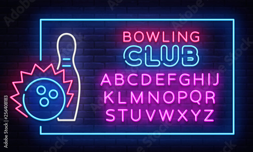 Bowling neon sign vector. Neon Frame Bowling Club Design template, light banner, night signboard, nightly bright advertising, light inscription. Vector illustration. Editing text neon sign photo