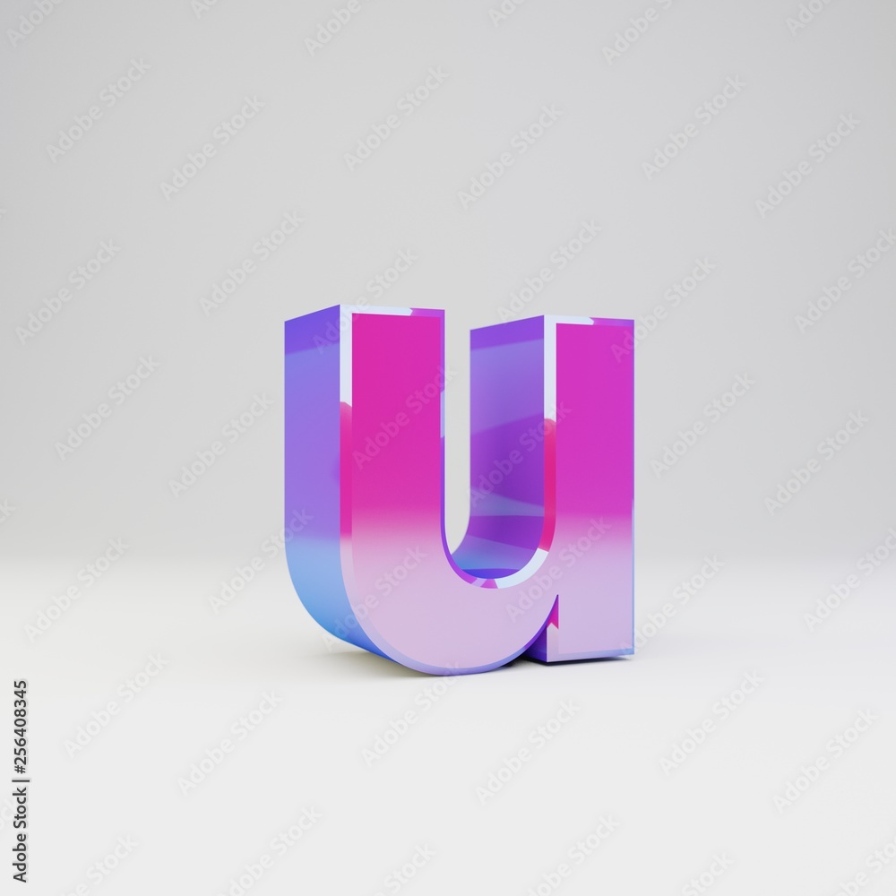 3d letter U lowercase. Rendered multicolor metal font with glossy reflections and shadow isolated on white background. 3d letter U lowercase. Rendered multicolor metal font with glossy reflections and shadow isolated on white background.