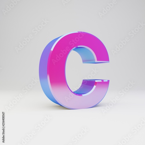 3d letter C uppercase. Rendered multicolor metal font with glossy reflections and shadow isolated on white background.