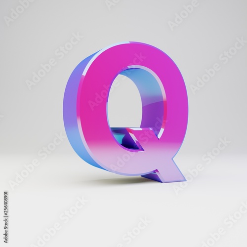 3d letter Q uppercase. Rendered multicolor metal font with glossy reflections and shadow isolated on white background.
