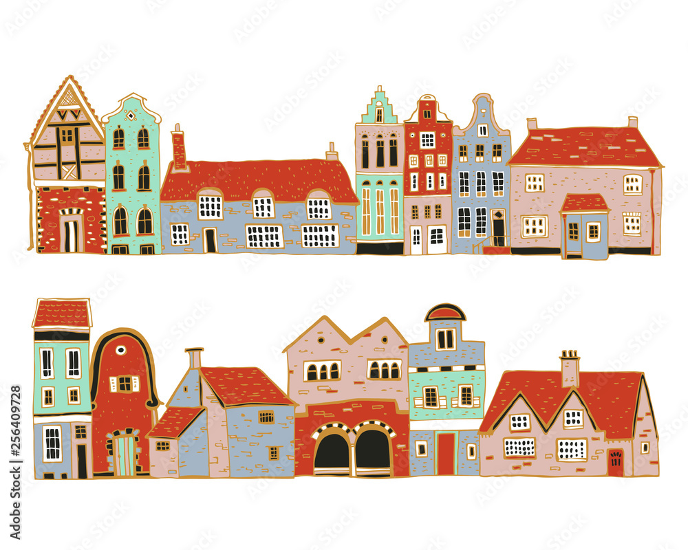 Vintage stone Europe houses. Set of old style town and village building facades in a row. Hand drawn outline vector sketch illustration color on white background