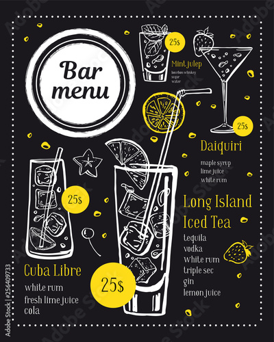 Bar menu design template. Cocktails illustrations with ingredients and prices. Vector outline sketch hand drawn illustration on blackboard