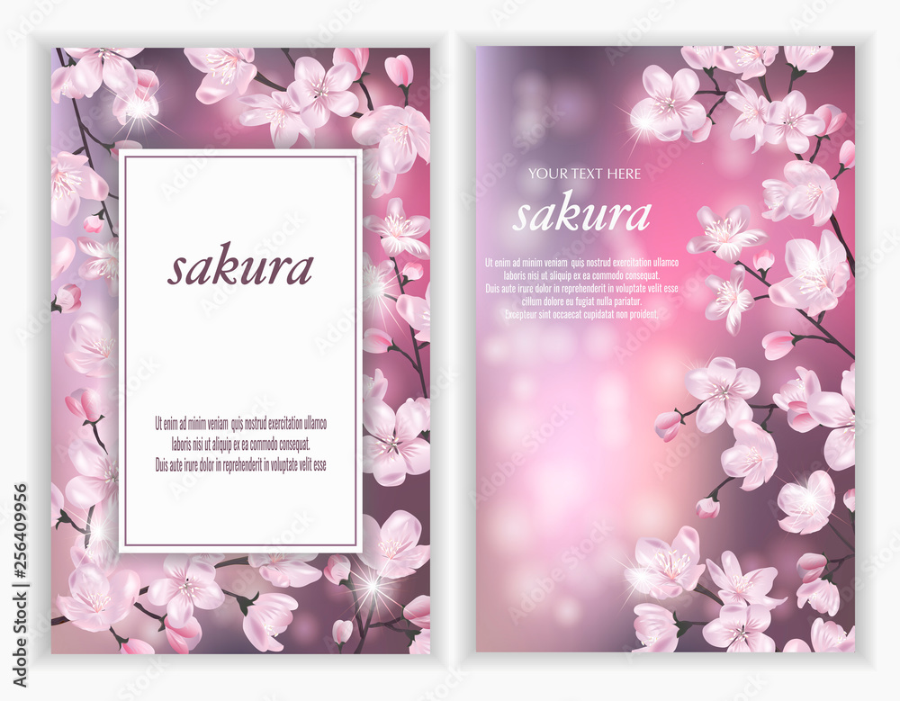 Fototapeta Set of Vector banners with Luxurious sakura flowers. Template for greeting cards, wedding decorations, invitation, sales, packaging. Spring or summer design. Floral poster, invite.