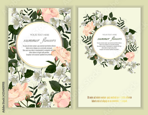 Set of Vector banners with Luxurious jasmine and rose flowers. Template for greeting cards  wedding decorations  invitation  sales  packaging. Spring or summer design. Floral poster  invite.