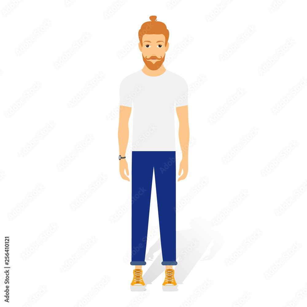 A young hipster man vector flat design illustration isolated on white background.