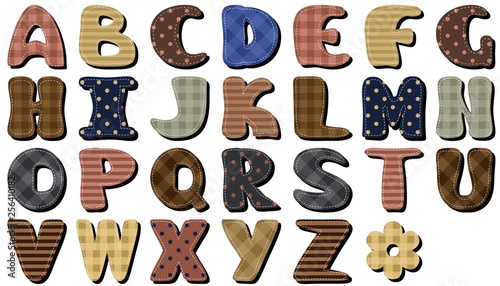 different textile scrapbook alphabet on white background 