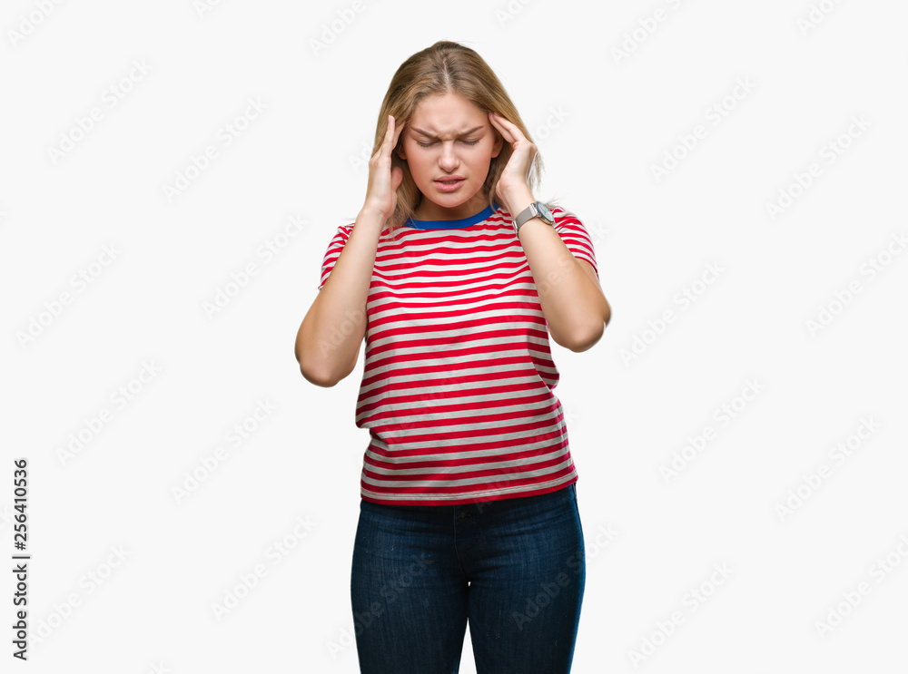 Young caucasian woman over isolated background with hand on head for pain in head because stress. Suffering migraine. Young caucasian woman over isolated background with hand on head for pain in head because stress. Suffering migraine.