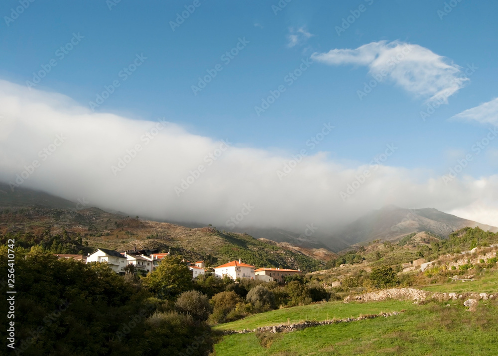 Portuguese landscape of houses built on mountain in Unhais da serra,Portugal.