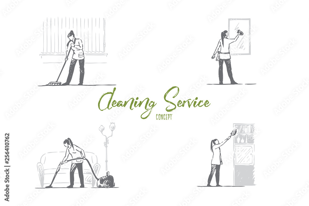 Cleaning service - washing floor, mirrors, shelves and vacuuming vector concept set