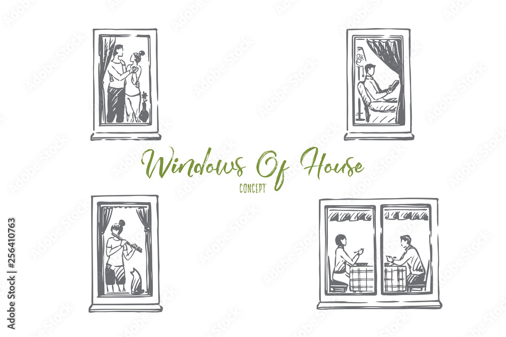 Windows of house - people dancing, reading, playing music, eating in windows of their flats vector concept set