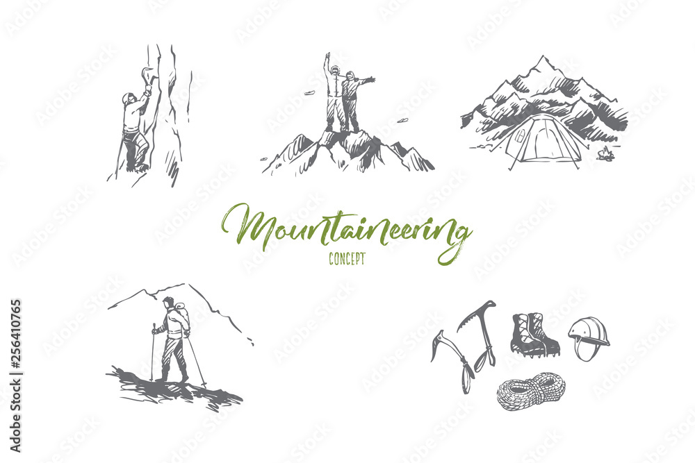 Obraz premium Mountaineering - sportsmen climbing mountains, camping and special equipment vector concept set