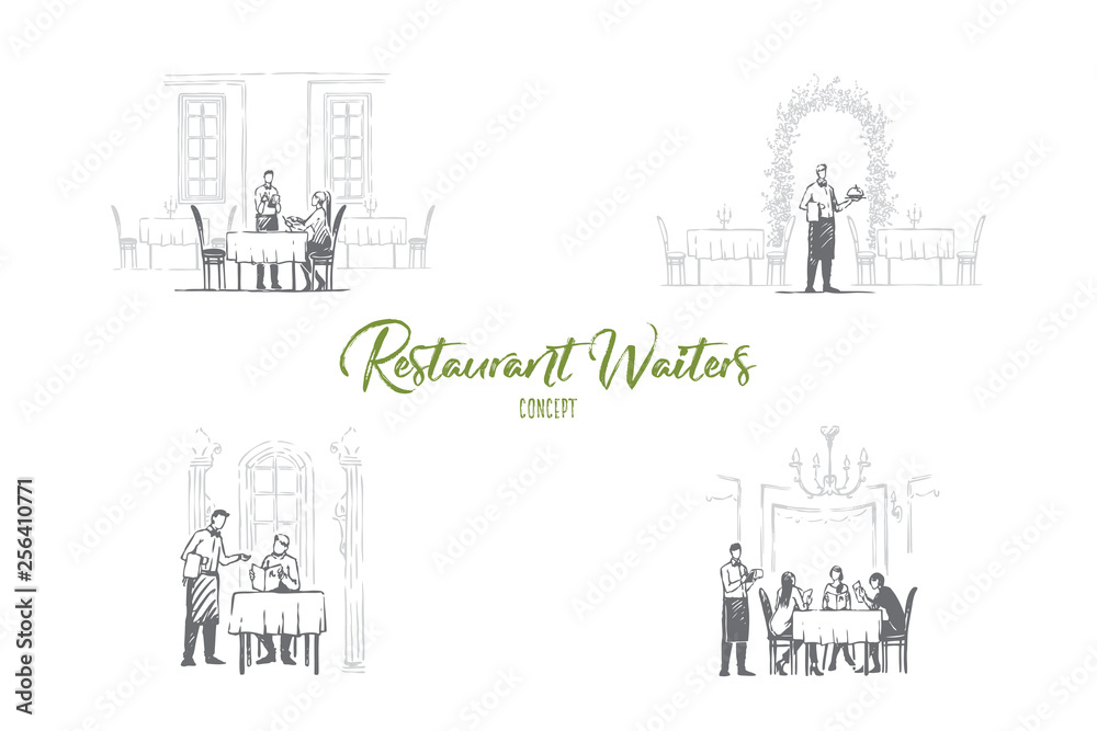 Restaurant waiters - waiters in restaurants getting orders and bringing food vector concept set