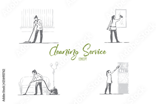 Cleaning service - washing floor, mirrors, shelves and vacuuming vector concept set