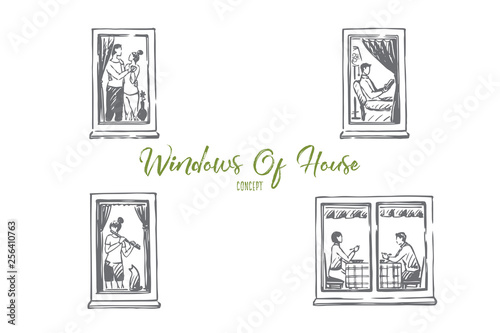 Windows of house - people dancing, reading, playing music, eating in windows of their flats vector concept set