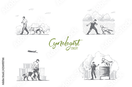 Cynologist - special people training dogs outdoors vector concept set