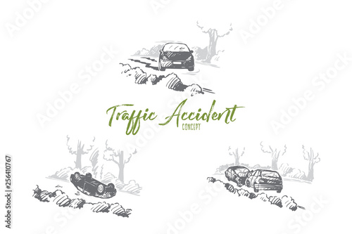 Traffic accident - broken cars at traffic accidents outdoors vector concept set