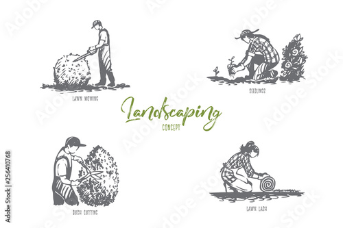 Landscaping- lawn mowing, seedlings, lawn lash, bush cutting vector concept set
