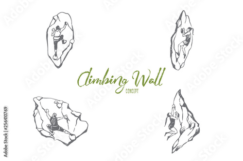 Climbing wall - men and women climbing up artificial wall vector concept set © drawlab19