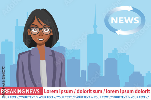 Anchorwoman on tv broadcast news. Breaking News vector illustration. Media on television concept. Flat vector illustration