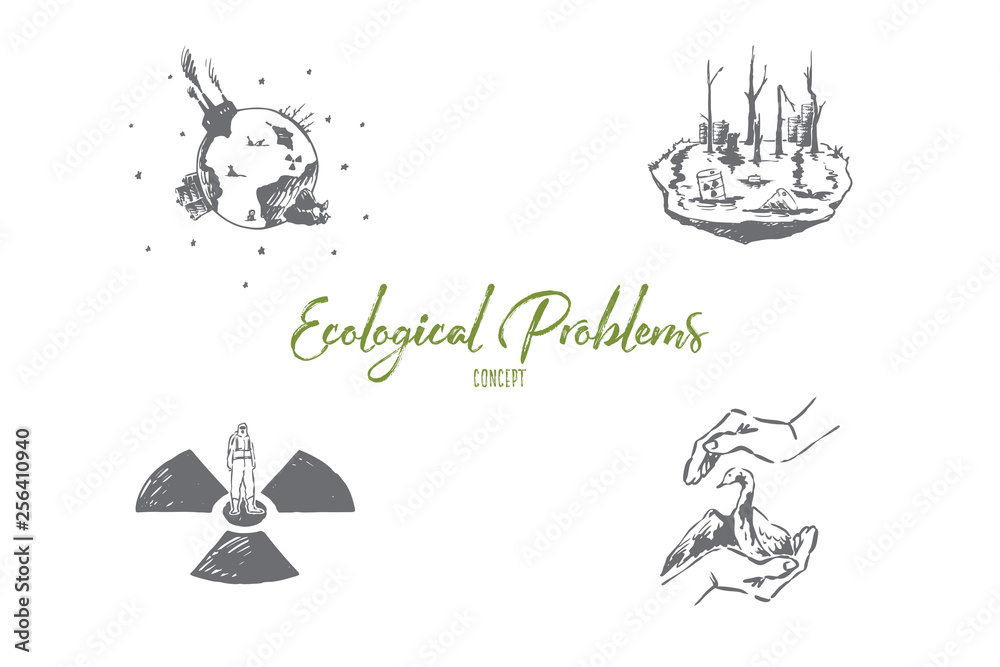 Ecological problems - saving of rare species, pollution, global wrming vector concept set Ecological problems - saving of rare species, pollution, global wrming vector concept set