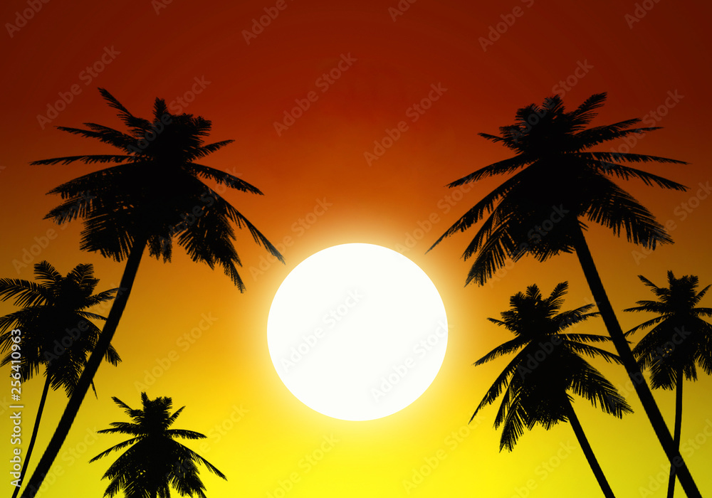 Verano, sol, luz, palmeras, cielo anaranjado degradado iluminado, ilustración, fondo.