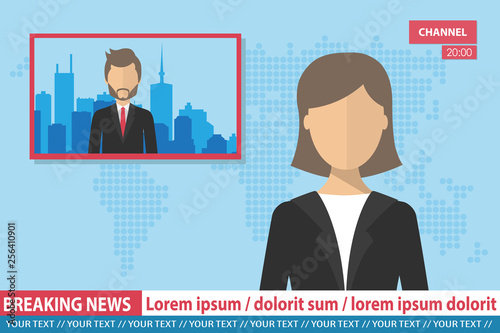 Anchorwoman on tv broadcast news. Breaking News vector illustration. Media on television concept. Flat vector illustration