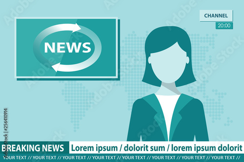 Anchorwoman on tv broadcast news. Breaking News vector illustration. Media on television concept. Flat vector illustration