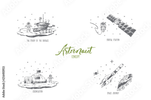 Astronaut - study of surface, orbital station, space journey, colonization vector concept set